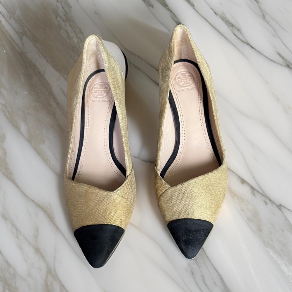 Tory Burch Shaila Gold Metallic 55 mm Pump Size 6.5